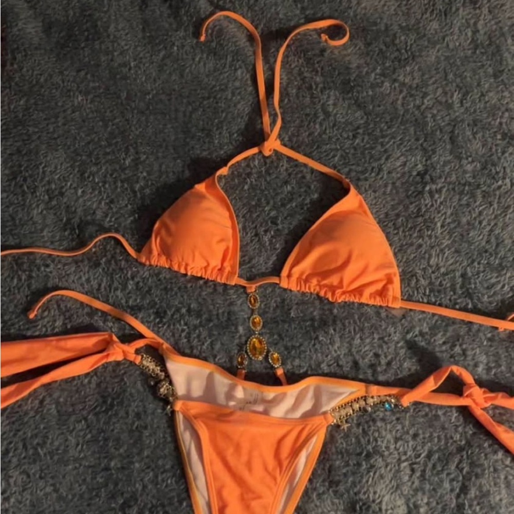 Orange Bikini Set with Beaded Details